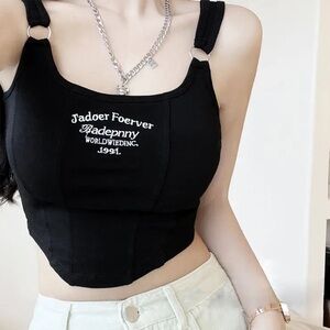 Black Embroidered Ring-Detail Cropped Tank